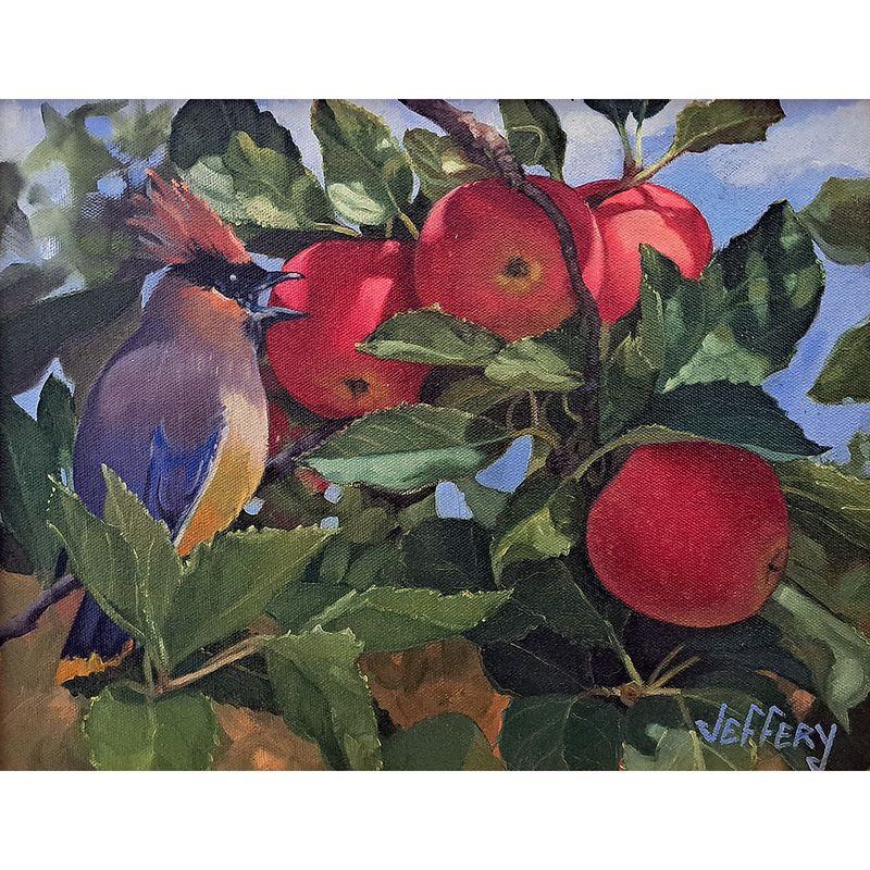 Waxwing in Red Apple Tree