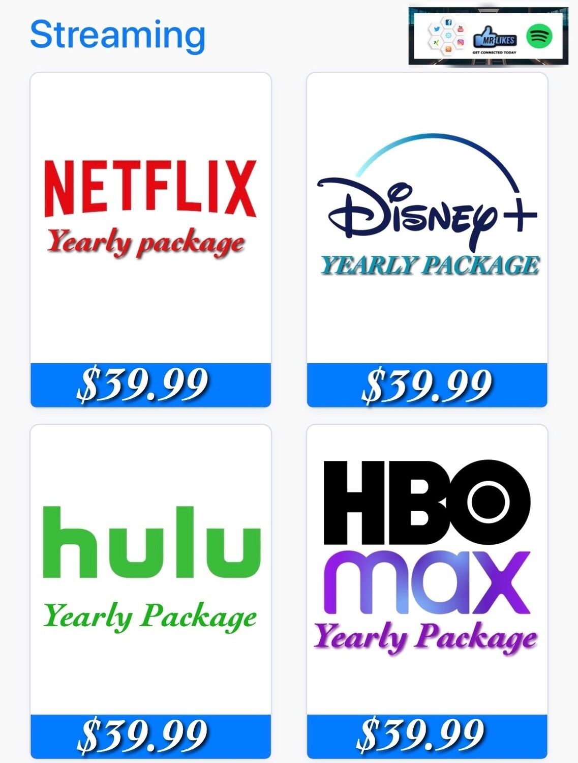 1 year of service of either Netflix Hbo Max Hulu or Disney +