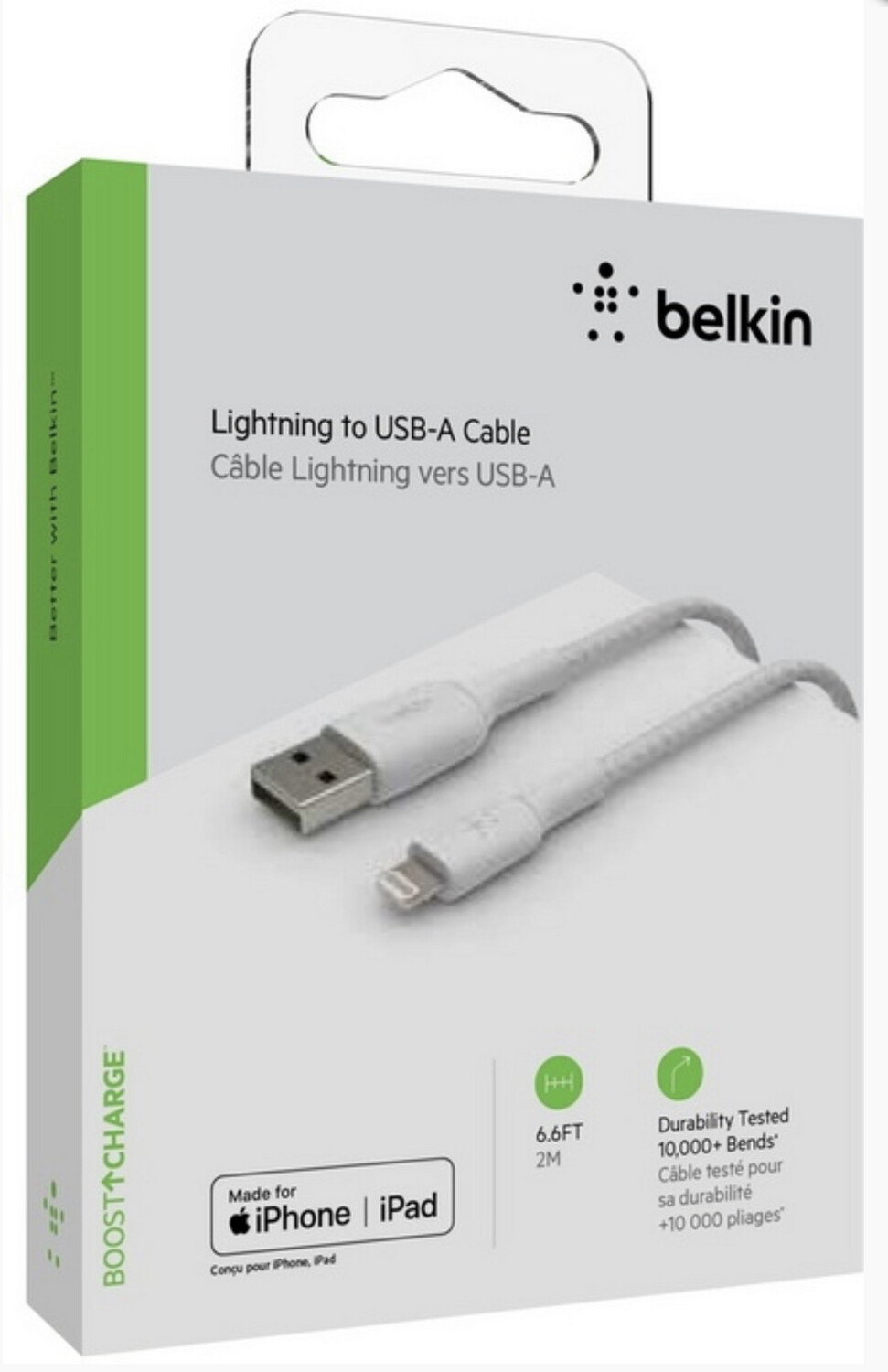 CÂBLE USB-A / LIGHTNING Belkin 2 mètres blanc tressé