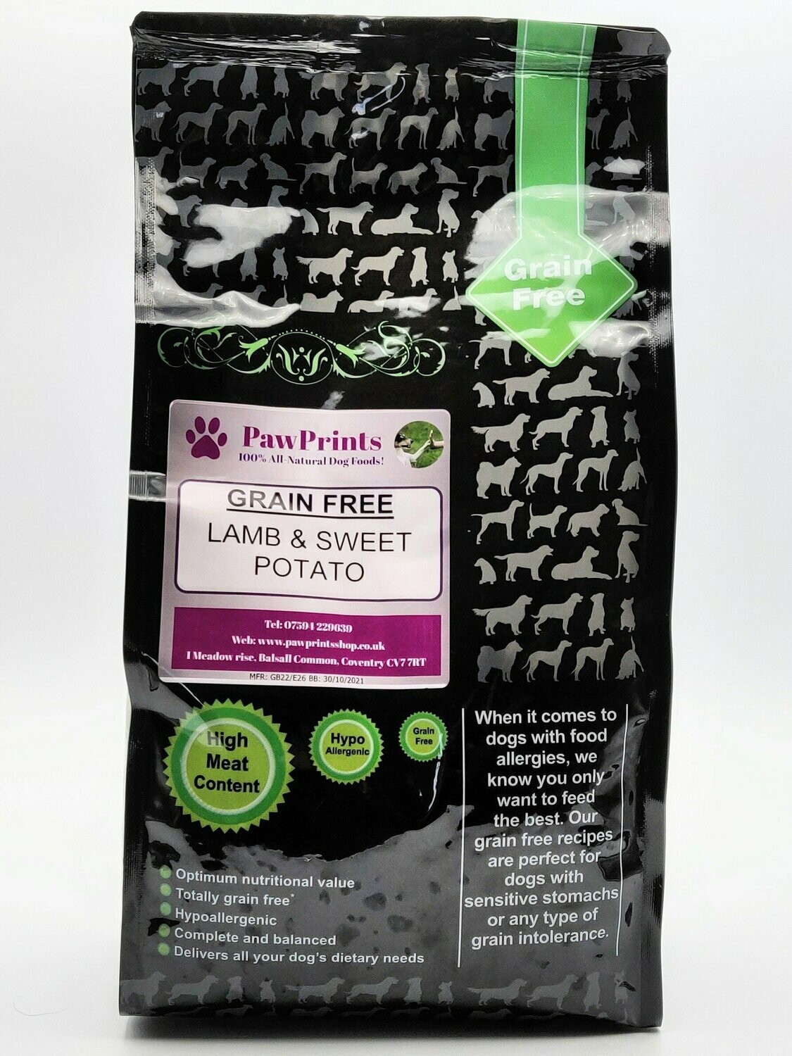 PawPrints Premium Grain Free Lamb & Sweet Potato Dry Dog Food 2kg bag