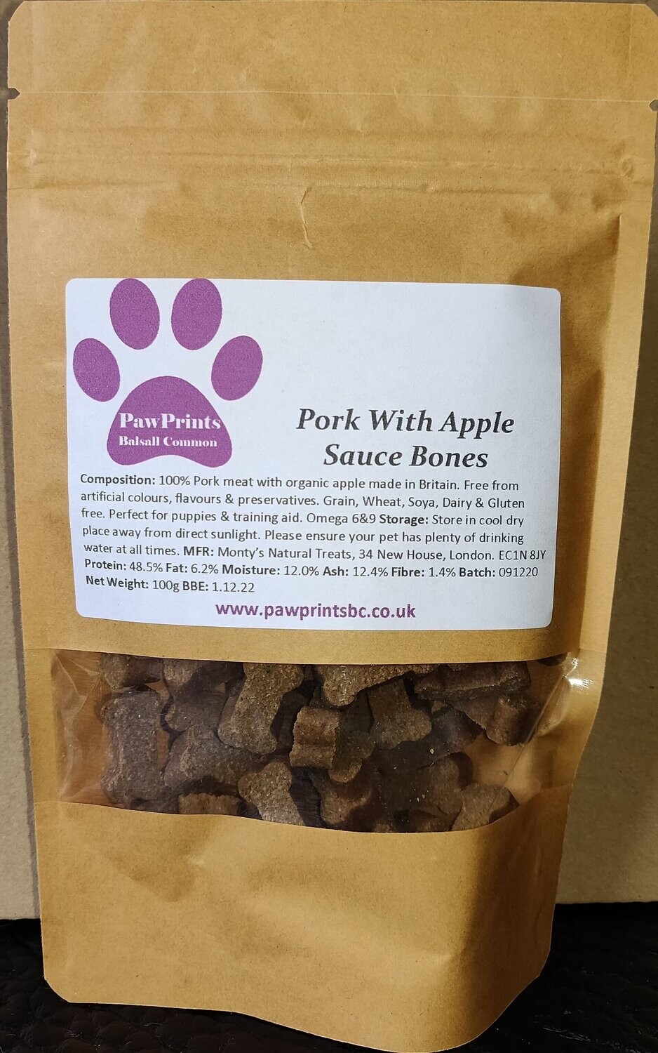PawPrints Natural Pork and Apple Dog Training Treats - 100g Bag