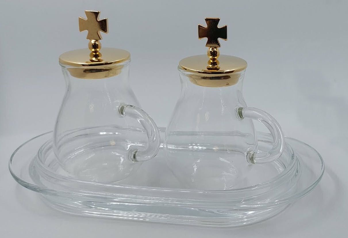 Coffret complet burettes bouchons dorés et plateau