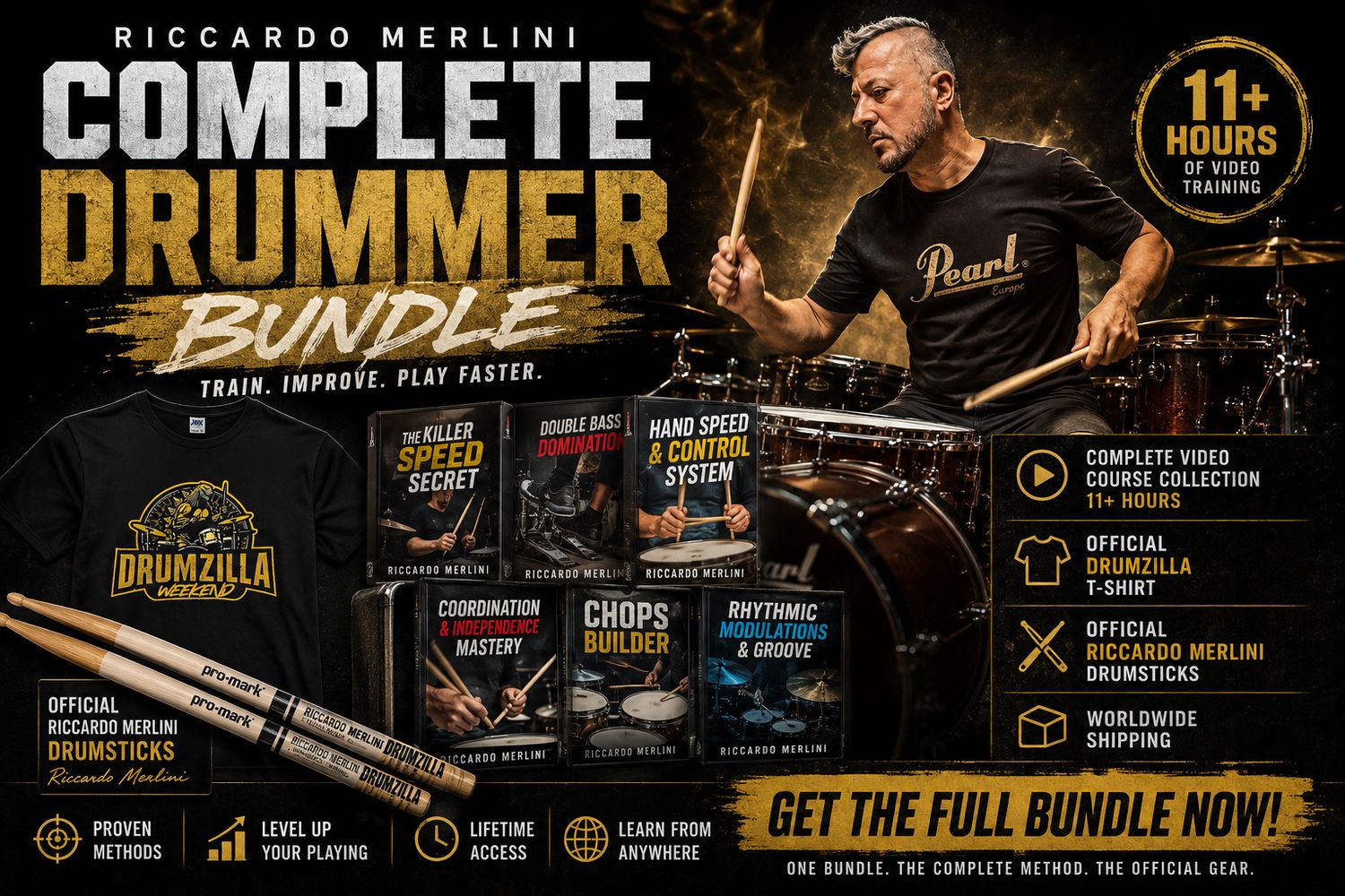 COMPLETE BUNDLE | VIDEO COURSES + T-SHIRT + PAIR OF STICKS