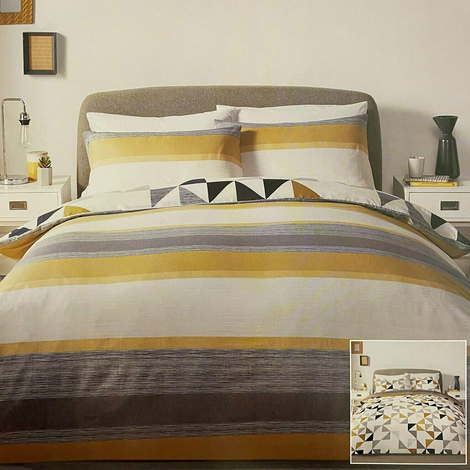 Quality double duvet set grey/ochre, reversible