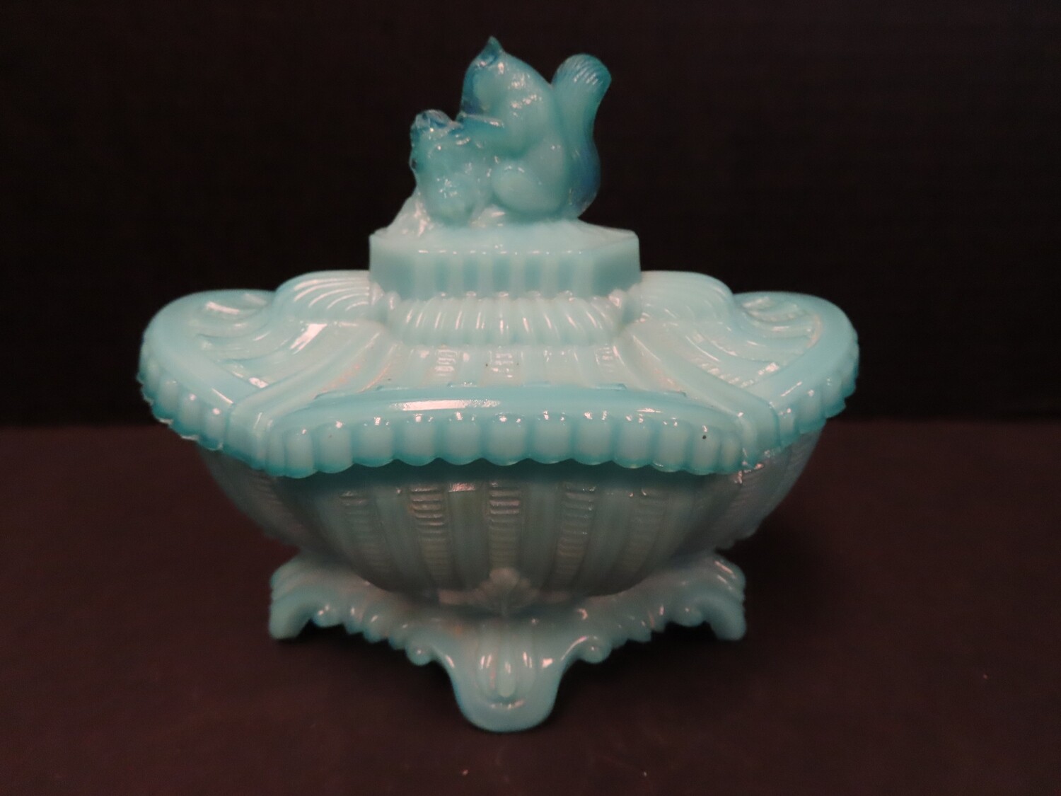 Portieux Vallerysthal Blue Opaline Milk Glass Squirrel Covered Dish