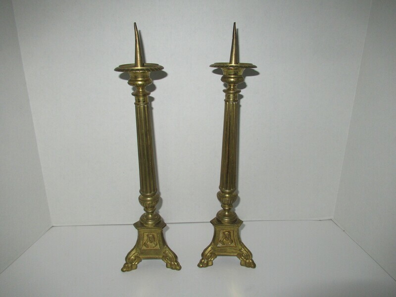 Pair Antique Brass Church Altar Candle Holders