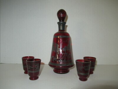 Ruby Red Glass Decanter with 4 Cups Set
