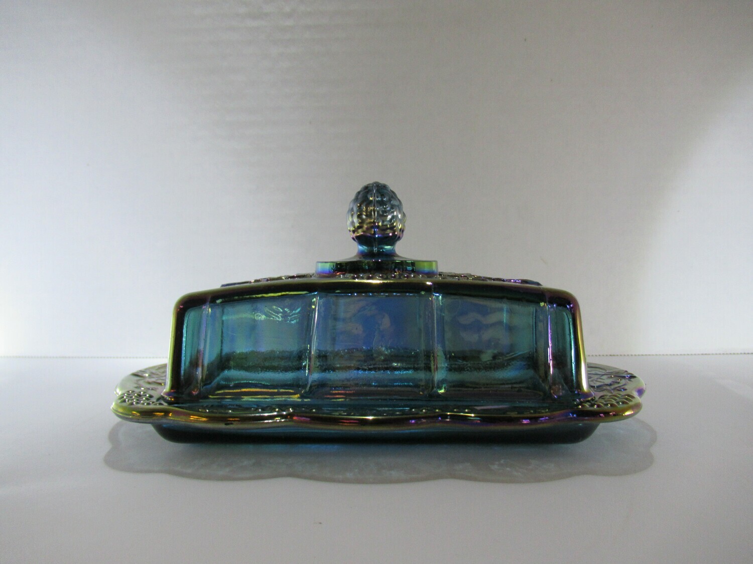 Iridescent Blue Carnival Glass Butter Dish in Harvest Grape Pattern