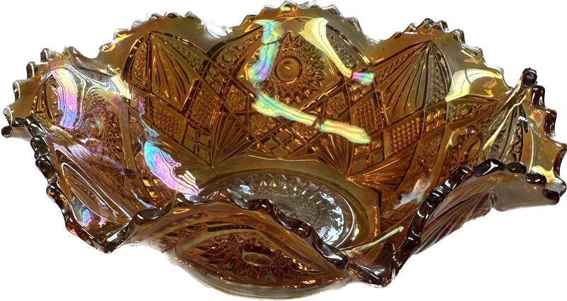Imperial Hobstar And Arches Marigold Carnival Glass Bowl
