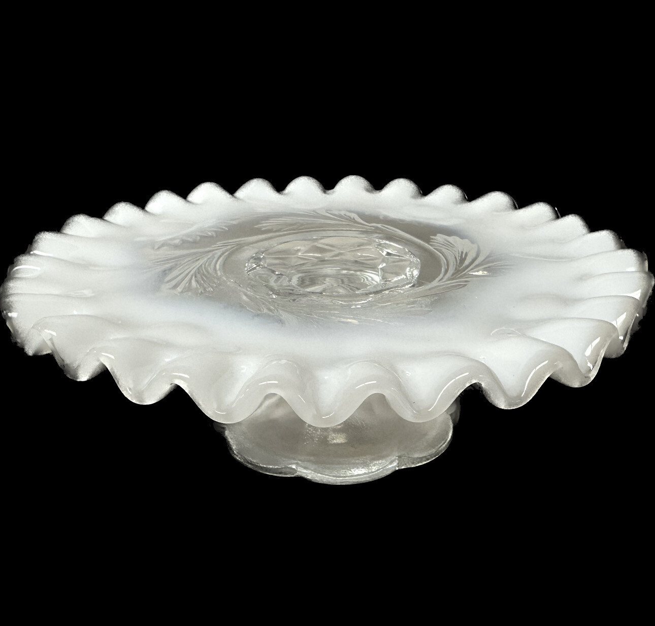 Vintage Fenton scallop Opalescent Glass Flat Wide Footed Candle Holder Dish