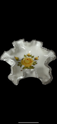Vintage Fenton Silver Crest Milk Glass With Yellow Rose