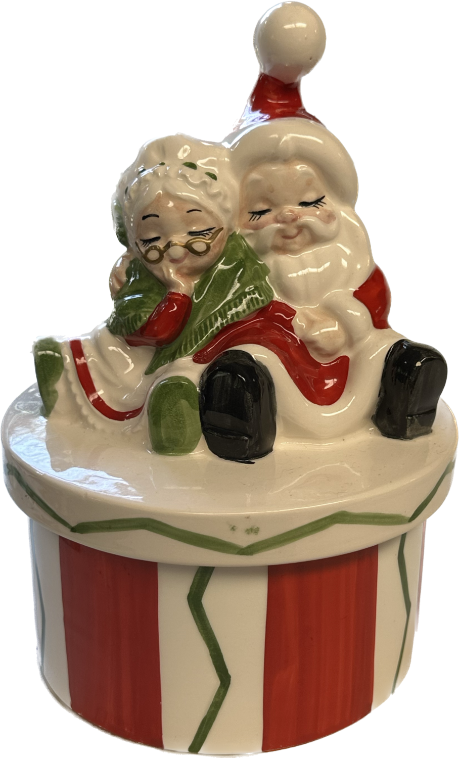 Vintage Lefton China Japan - 1950s - Santa and Mrs Claus - Covered Candy Jar