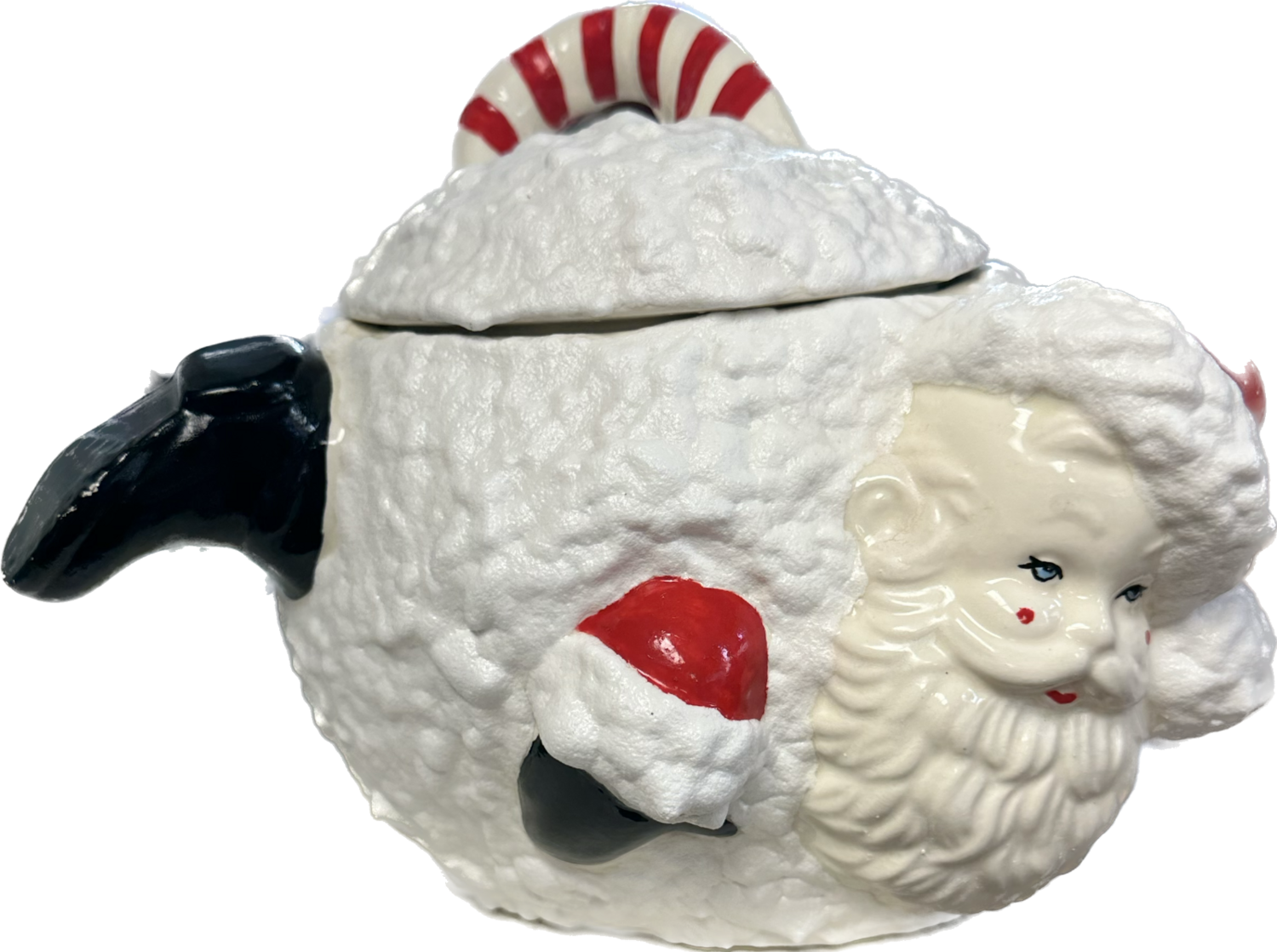 Vintage Ceramic Santa in snowball cookie jar / canister Christmas candy cane