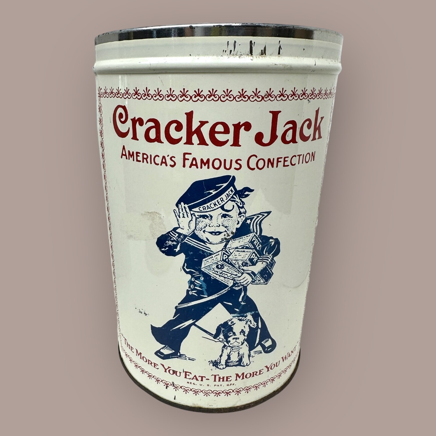 Vintage Cracker Jack Sailor Collector Tin Canister 1980 Replica of 1900&#39;s Tin