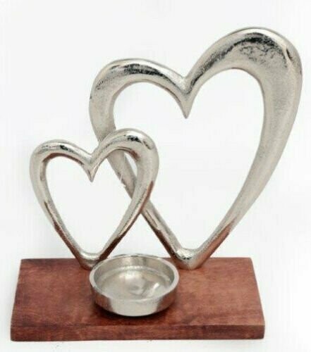 Double Silver Heart Candle Pillar Holder, Tea Light Holder on Wooden Plinth