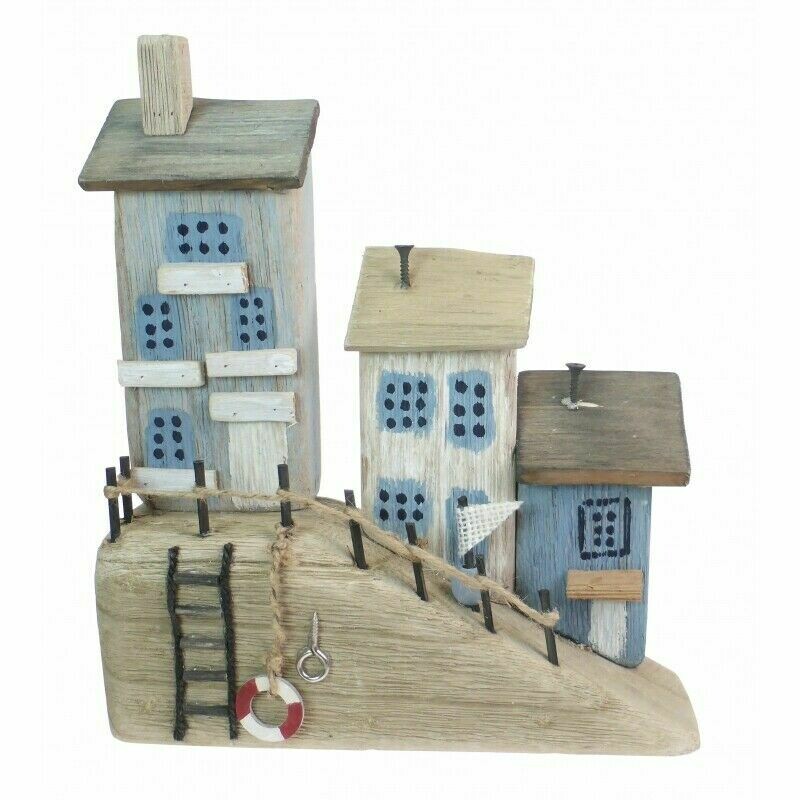 Wooden seaside harbour cottages coastal art ornament Driftwood cottage house