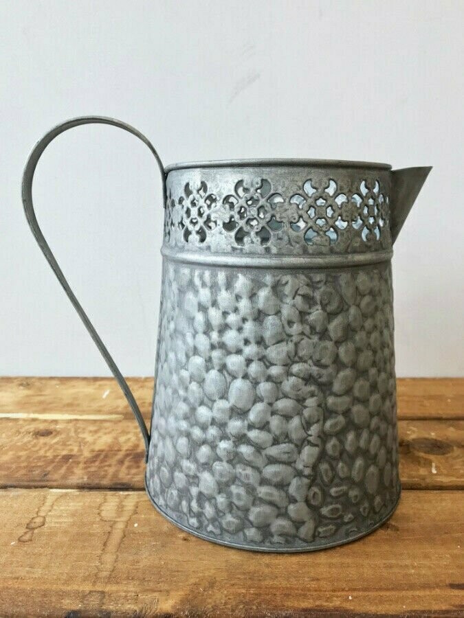 Rustic Textured Metal Pitcher Jug Planter Flower Ornament GIFT Shabby Chic 19cm