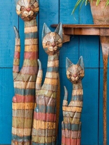 Tall Fair Trade Hand Carved Wood Rainbow Cat Sculptures (set of 3)
