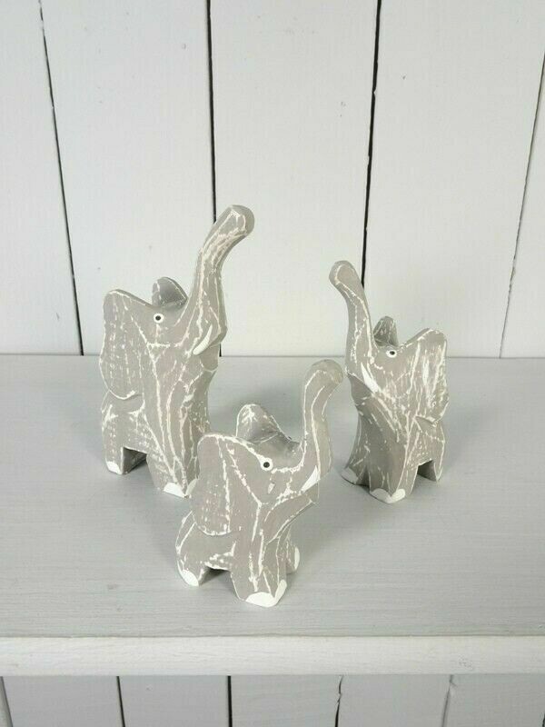Set of 3 Fair Trade Hand Carved Wood Grey Elephant Ornaments