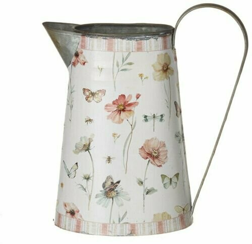 Vintage Metal Jug Flowers & Butterflies Pink Garden