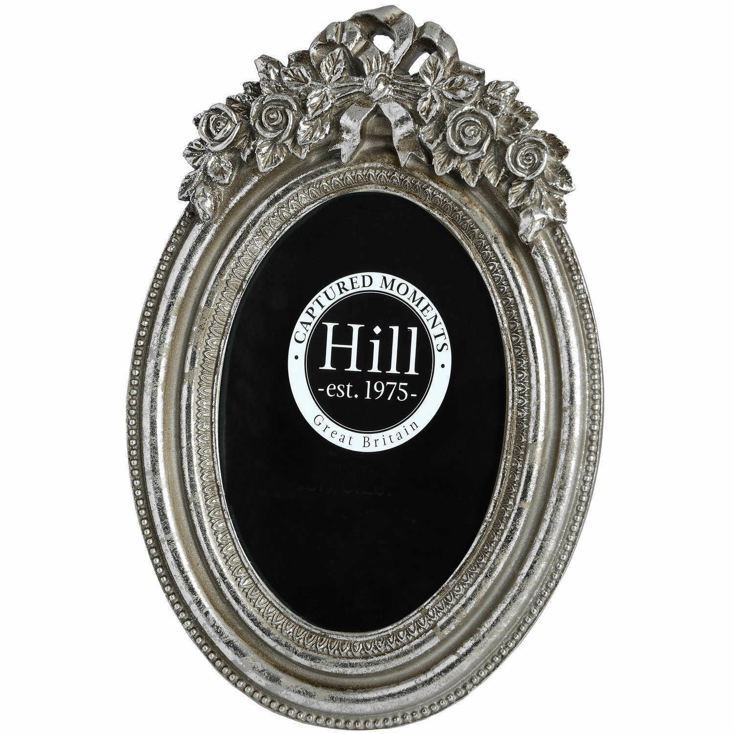 Oval photo frame with antique silver effect finish with ribbon bow detail