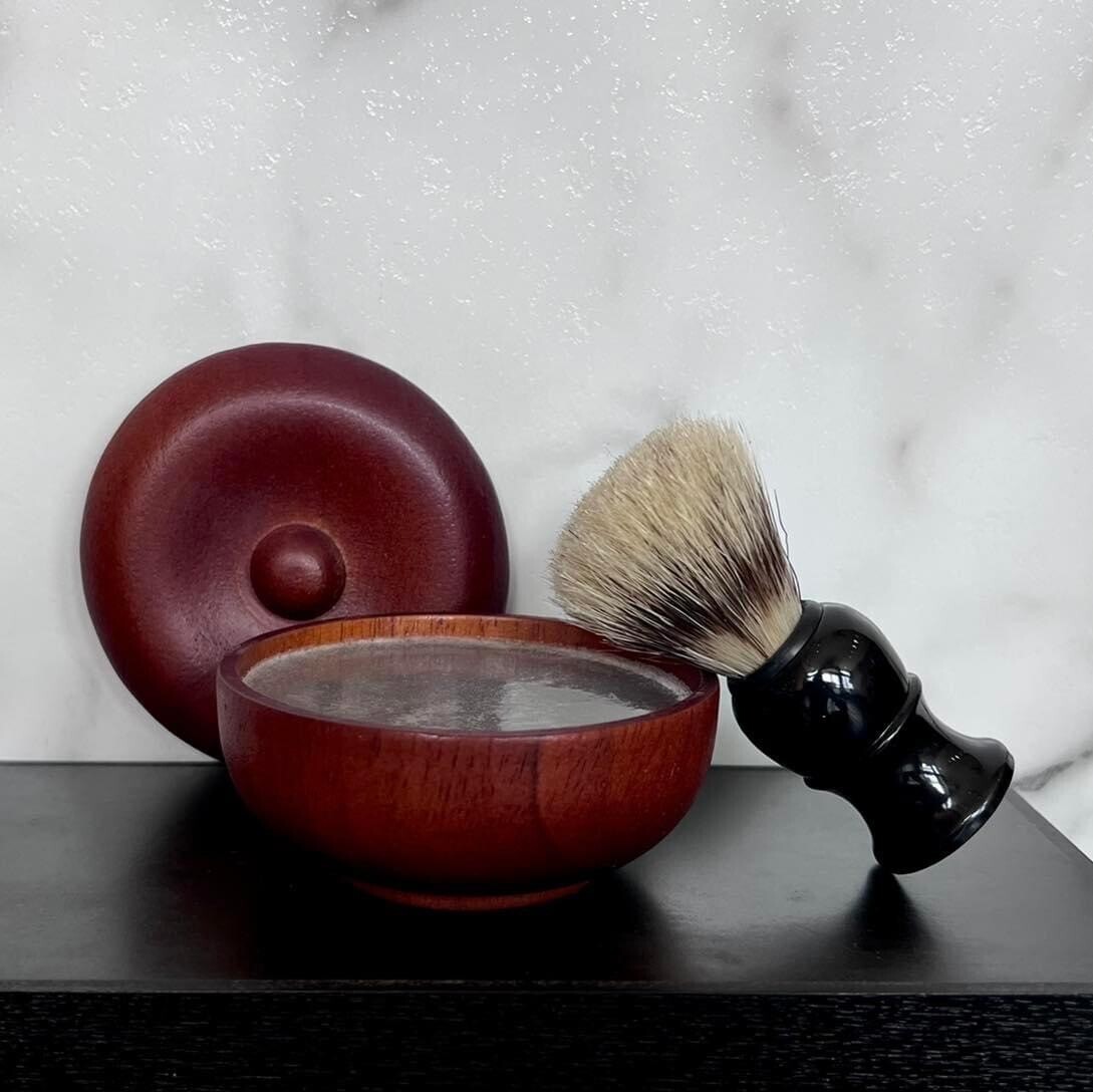 SHAVING SOAP BOWL AND BRUSH SCENTED WITH OLD TIME BARBER SHOP