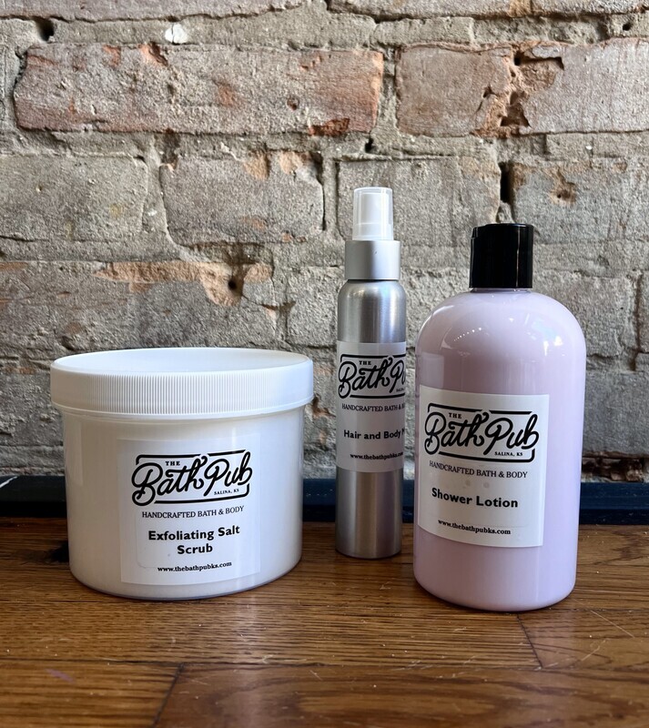 EXFOLIATING SALT SCRUB 32 OZ + SHOWER LOTION 16 OZ + HAIR AND BODY MIST 4 OZ