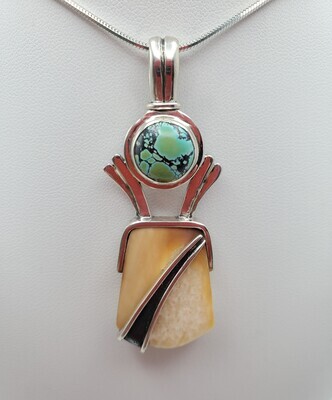 Fossilized Walrus Pendant with Turquoise