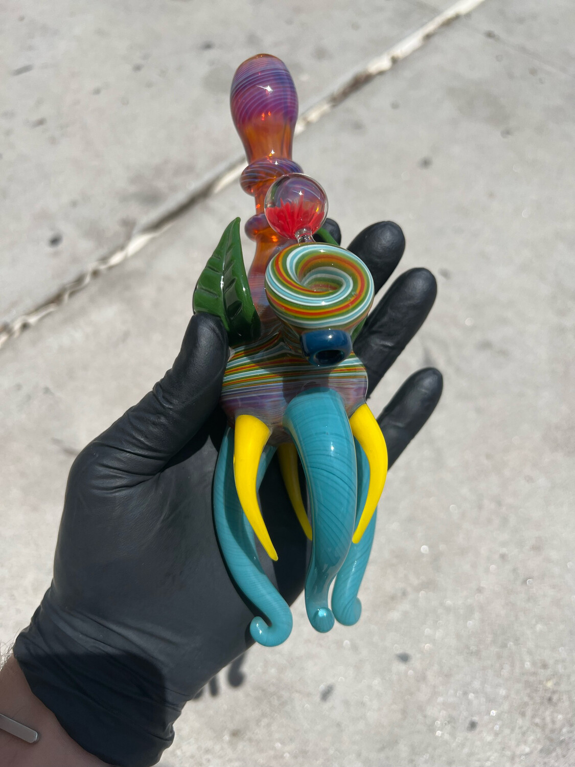 HP Love Glass Blue and yellow spiked pipe with leaf