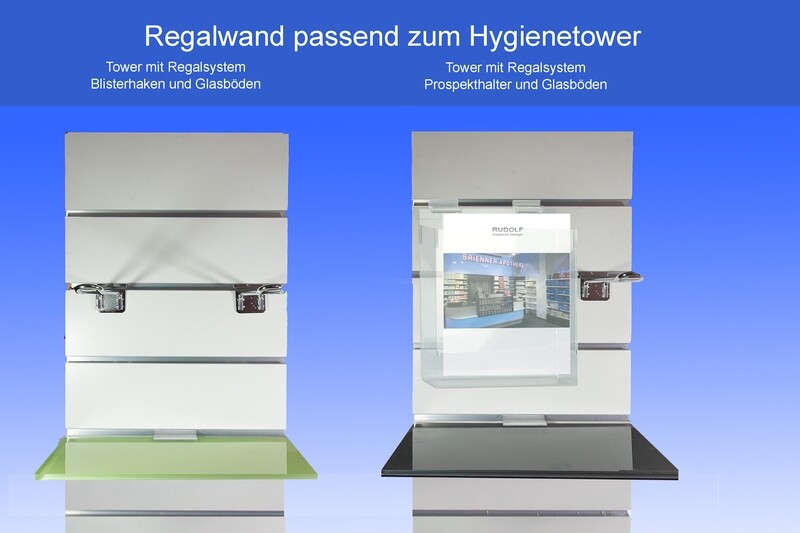 Das Regalsystem passend zum Hygienetower ist variabel zu bestücken Das Regalsystem passend zum Hygienetower ist variabel zu bestücken