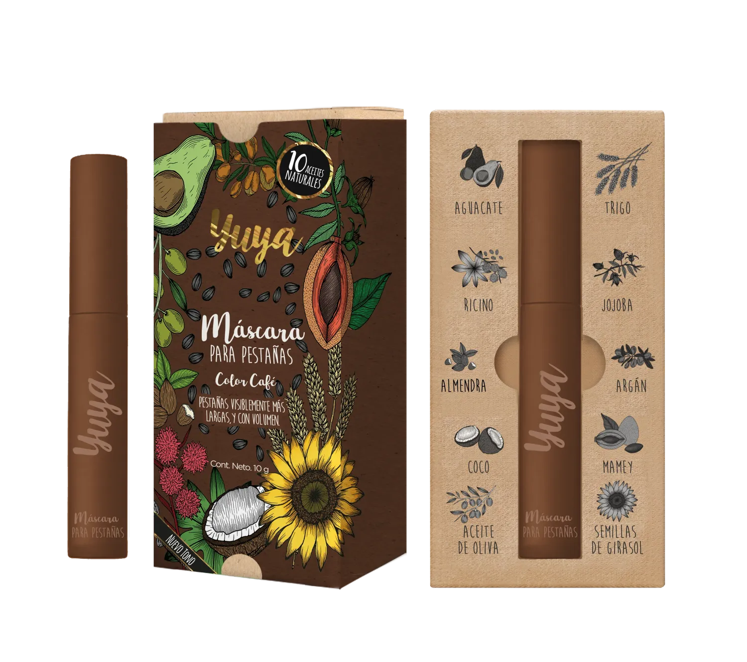 Máscara de pestañas 10 aceites naturales (Color café) - Yuya