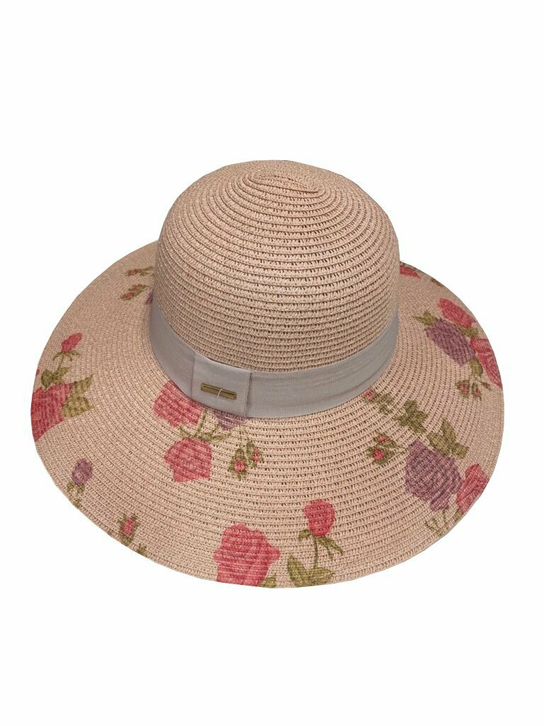 Strohhut zartrosa mit floralem Print