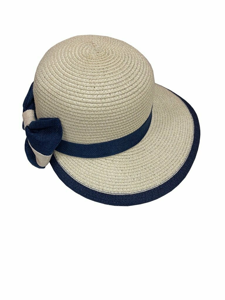 Strohhut beige-blau mit großer Schleife