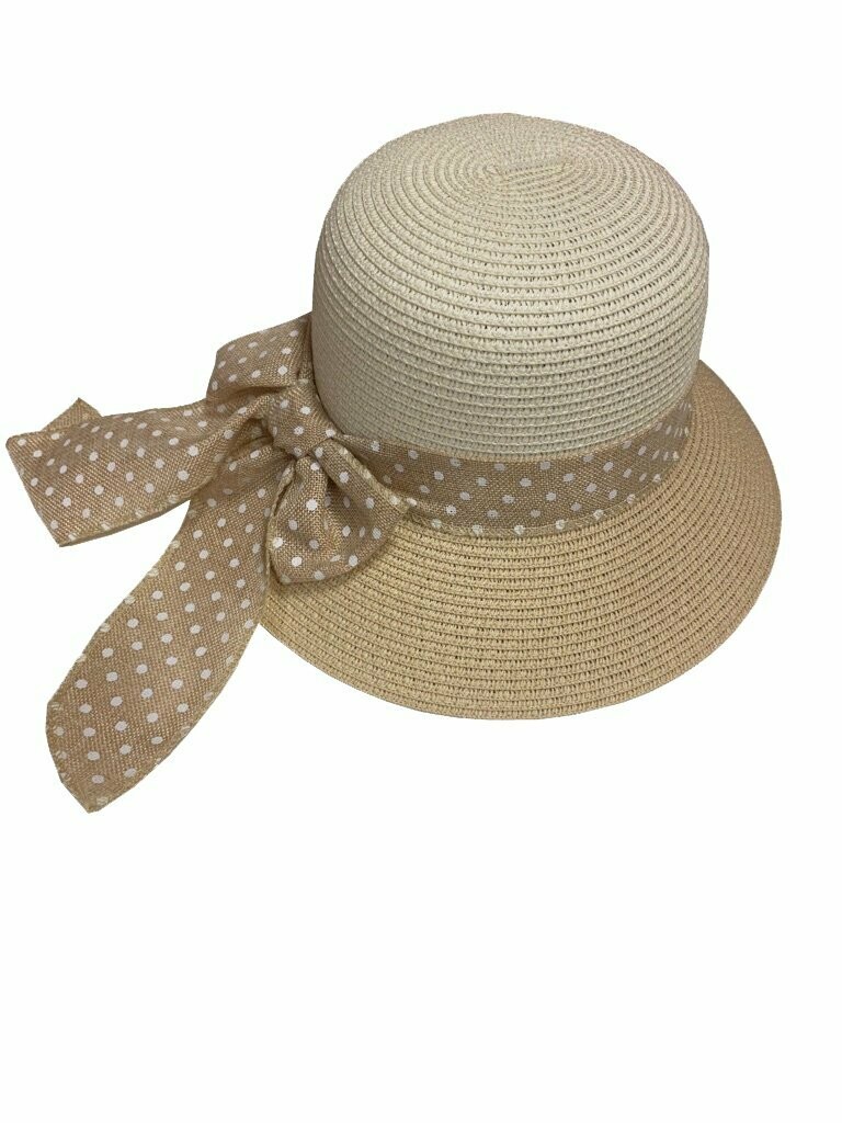Strohhut beige-braun mit gepunkteter Schleife