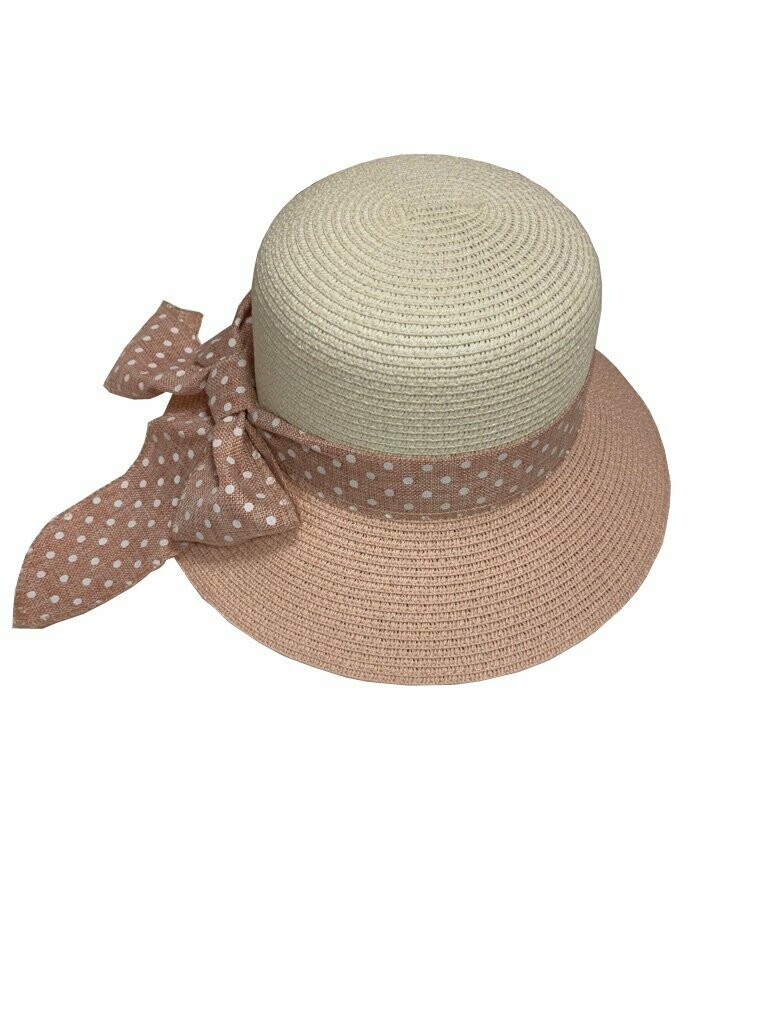 Strohhut rosé-beige mit gepunkteter Schleife