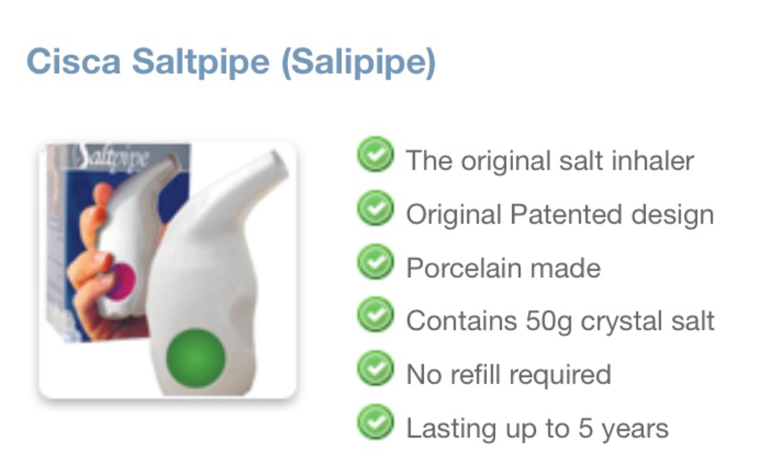 Cisca Saltpipe product image and usage inset with features list