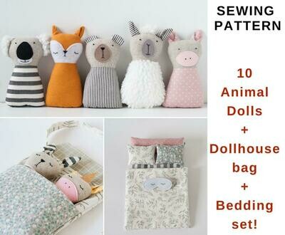 10 Animal Dolls+Bag+Bedding. Sewing pattern PDF