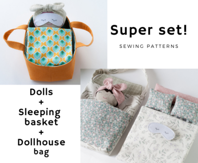 Dolls+Sleeping basket+Dollhouse bag. Sewing pattern PDF