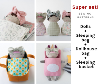Dolls + Dollhouse bag + Sleeping bag + Sleeping basket. Sewing pattern PDF