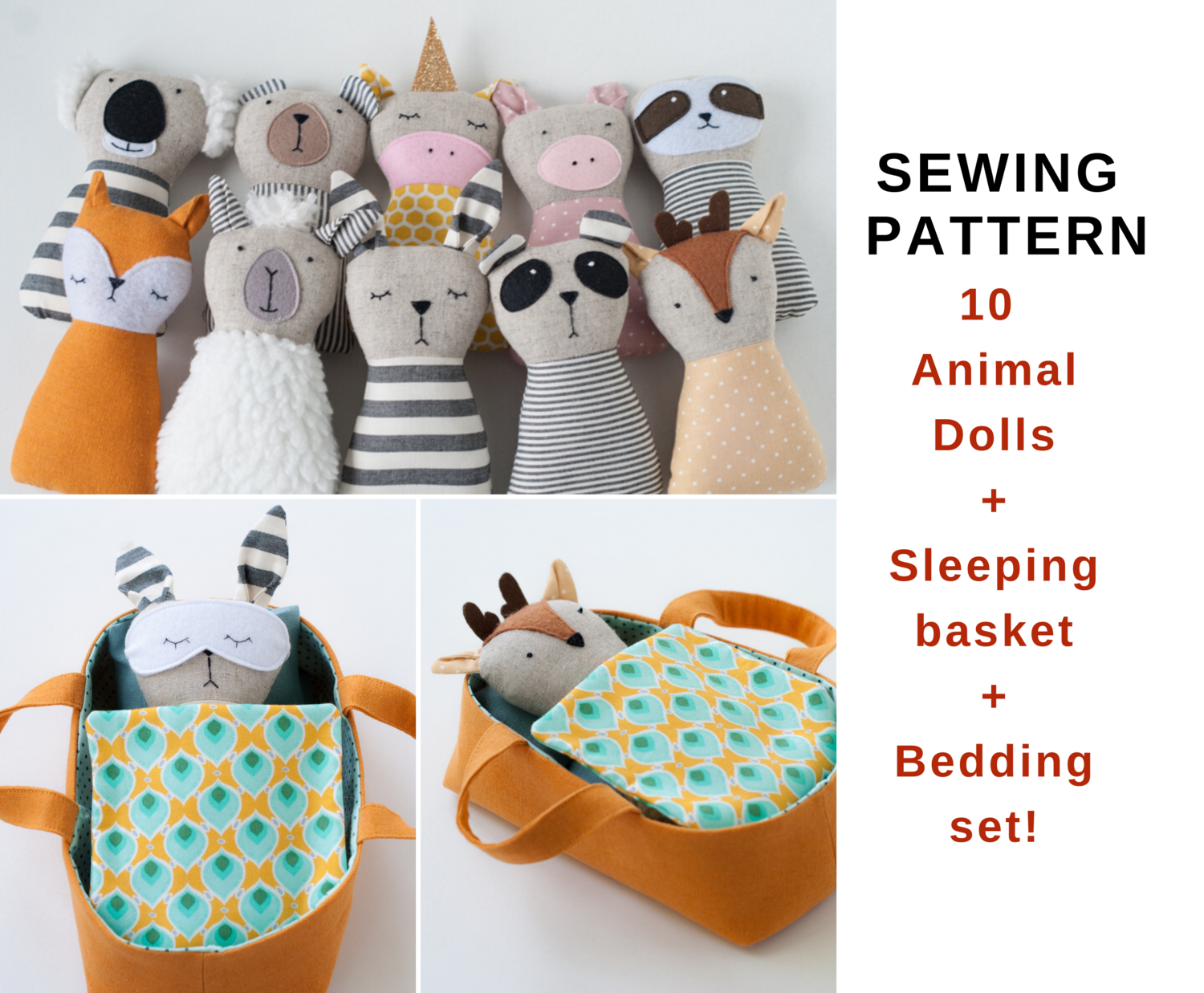 10 Animal Dolls+Sleeping basket+Bedding. Sewing pattern PDF