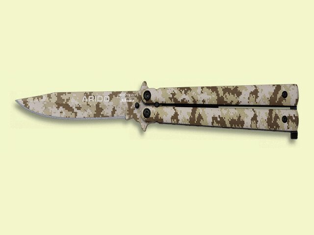 NAVAJA ABANICO MANGO Y HOJA CAMUFLAJE ARIDO 10 cm/hoja