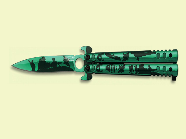 NAVAJA ABANICO DECORADO GUERRA VERDE 10.5 cm/hoja