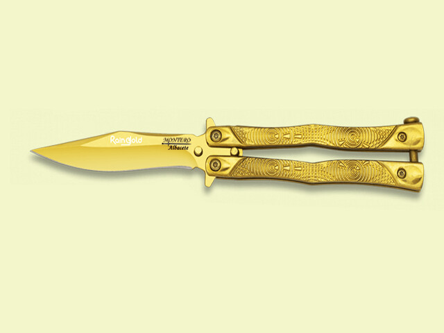 NAVAJA ABANICO MANGO ACERO Y HOJA DORADOS 8.5 cm/hoja