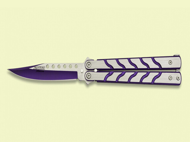 NAVAJA ABANICO MANGO ACERO Y HOJA MORADOS 9.5 cm/hoja