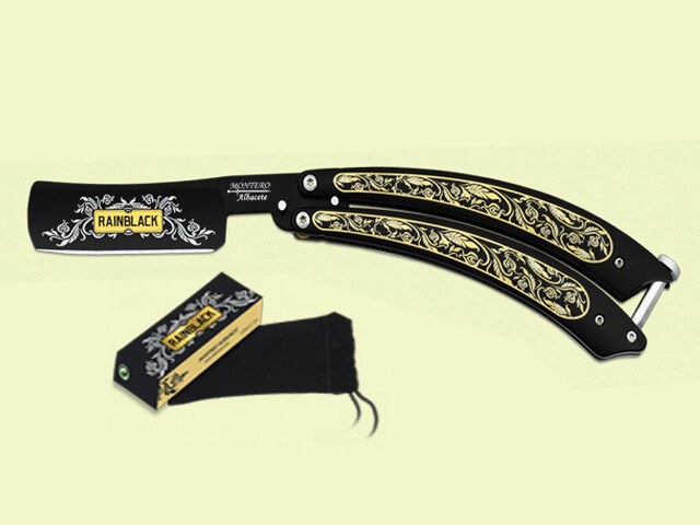 NAVAJA ABANICO BARBERA MANGO ACERO NEGRA 10.5 cm/hoja