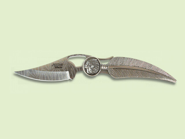 NAVAJA METALICA PLUMA INDIO HOJA DAMASQUINADA 9 cm/hoja
