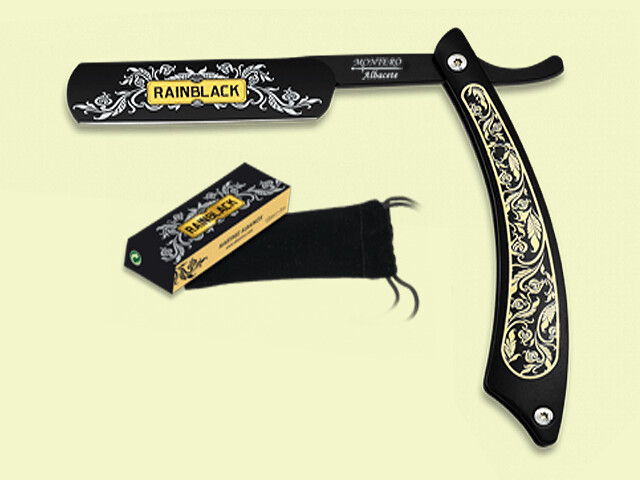 NAVAJA BARBERA MANGO NEGRO DECORADO 10.5 cm/hoja