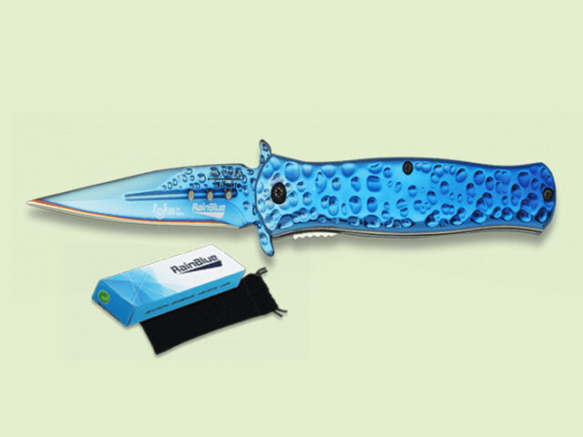 NAVAJA APERT. ASIST. MANGO Y HOJA DECORADA AZUL 9.5 cm/hoja