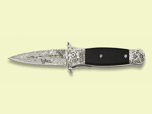 NAVAJA APERT. ASIST. MANGO Y HOJA DAMASQUINADOS 8 cm/hoja