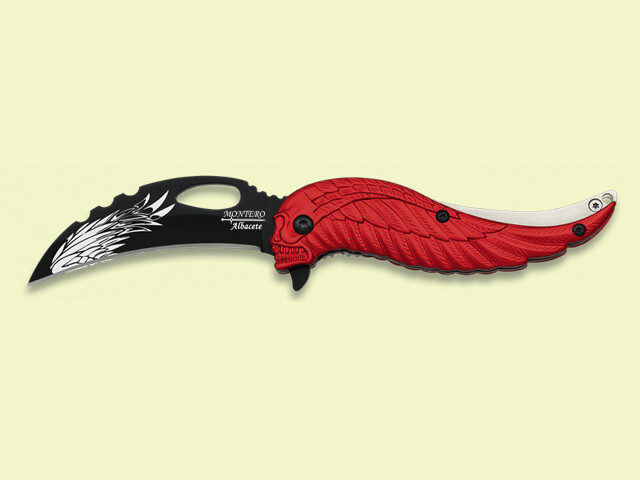 NAVAJA DECORADA PLUMA CALAVERA ROJA 7.5 cm/hoja